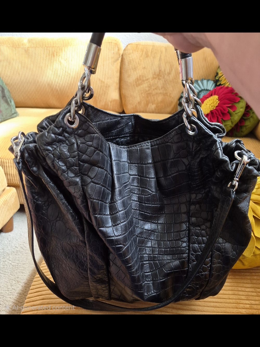 MICHAEL KOR Black Croc-Embossed Leather Shoulder Bag Q/Matching Crossbody Strap